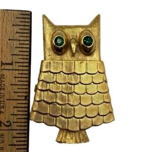 Vintage Avon Owl Perfume Brooch • Gold‑Tone • Green Eyes • 2.25” Tall • Empty
